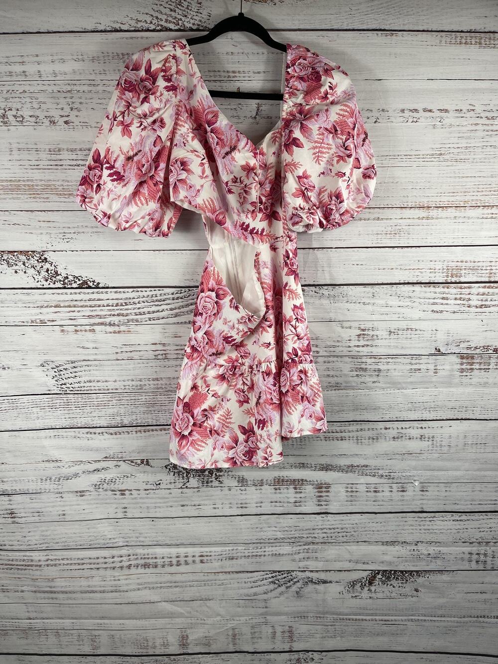 Hello Molly Dress Womens SZ Large US 8 White Pink Floral Puff Sleeve Cutout Mini